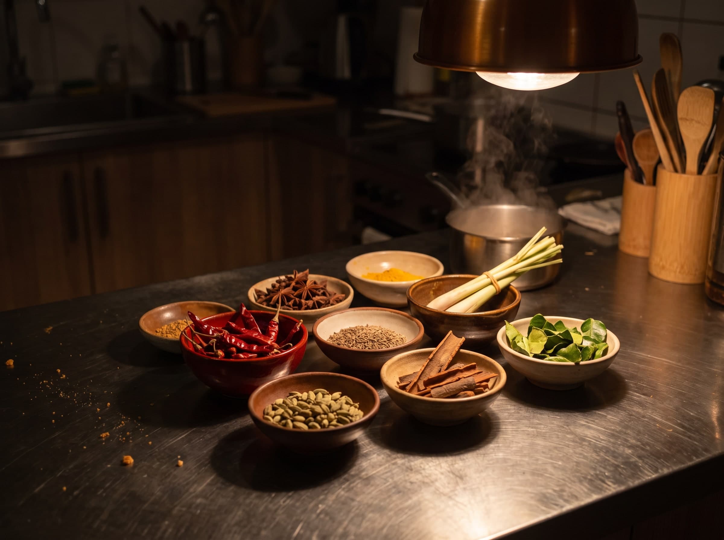 Schalen mit Chilis, Sternanis, Kardamom, Kurkuma und Zitronengras