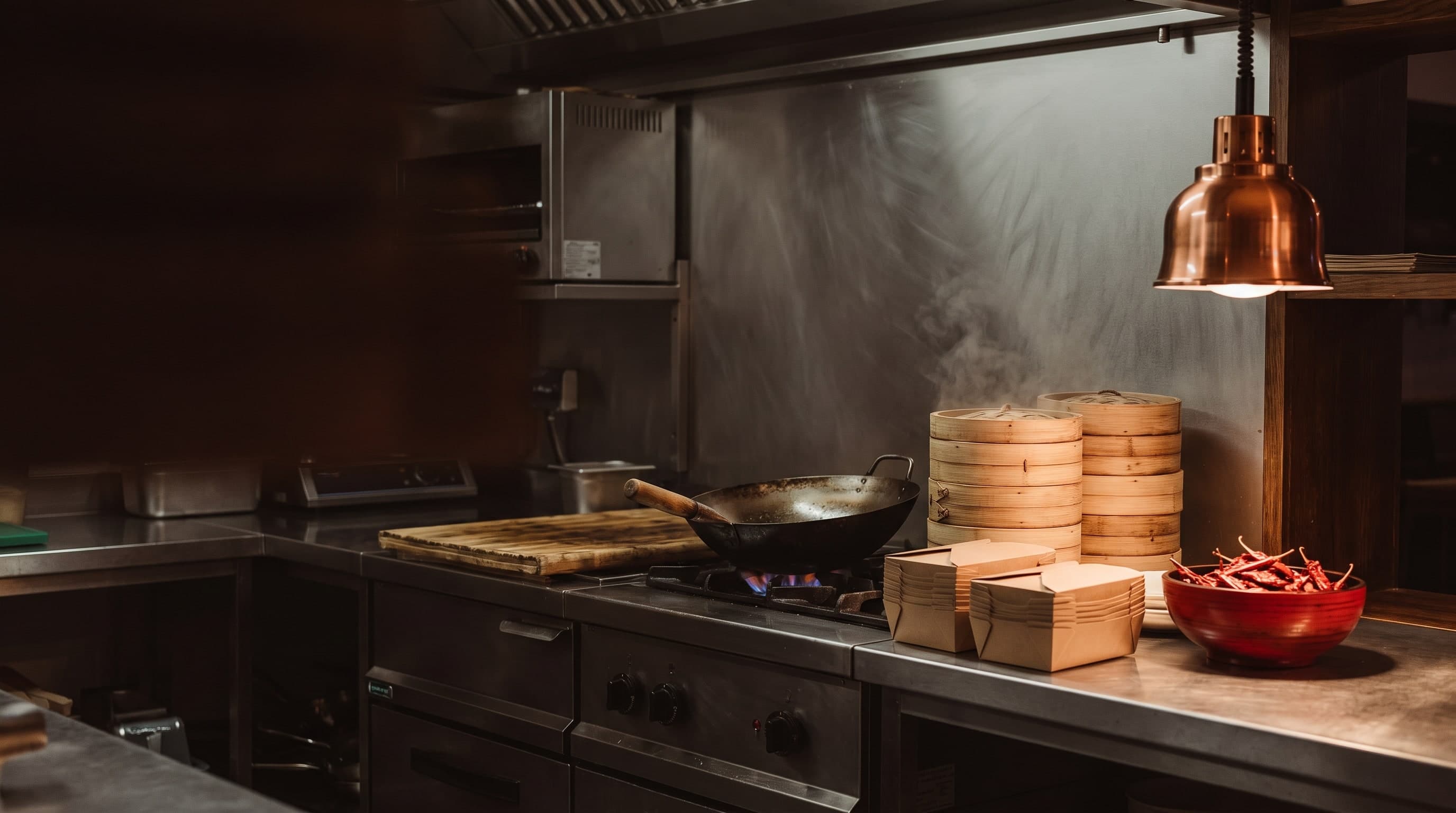Edelstahlküche mit Bambuskörben, Wok und Take-away-Boxen unter einer Kupferlampe